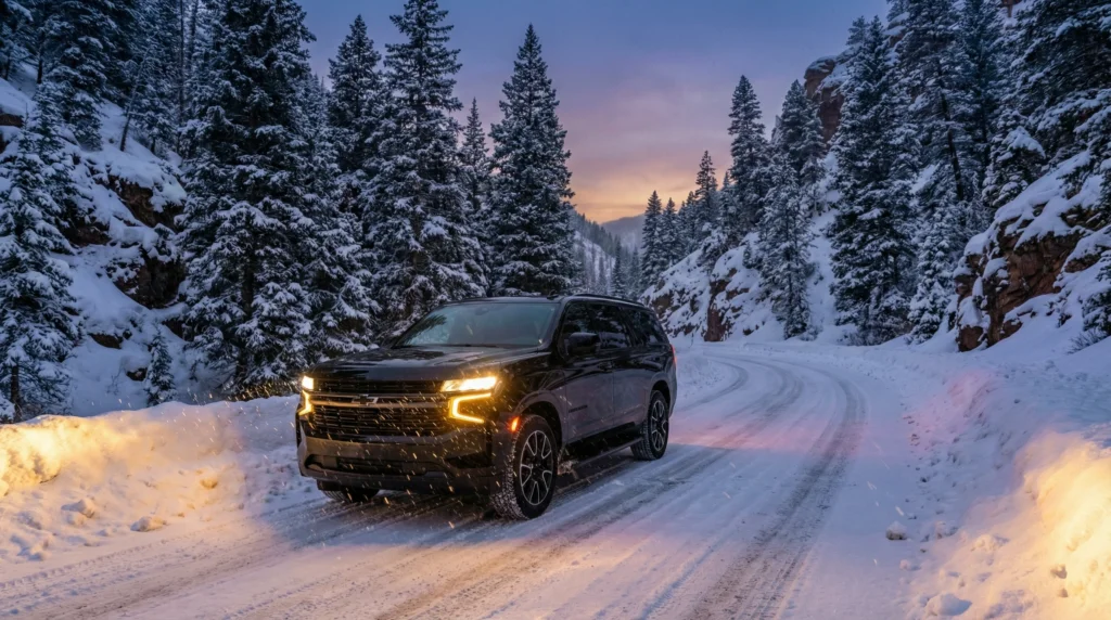 A luxury black SUV Chevrolet Suburban driving through a snowy, pine-lined canyon road in Aspen at twilight with warm headlights glowing.