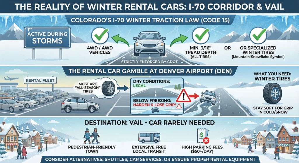 Infographic visual explaining the reality of winter rental cars on I-70 corridor and Vail