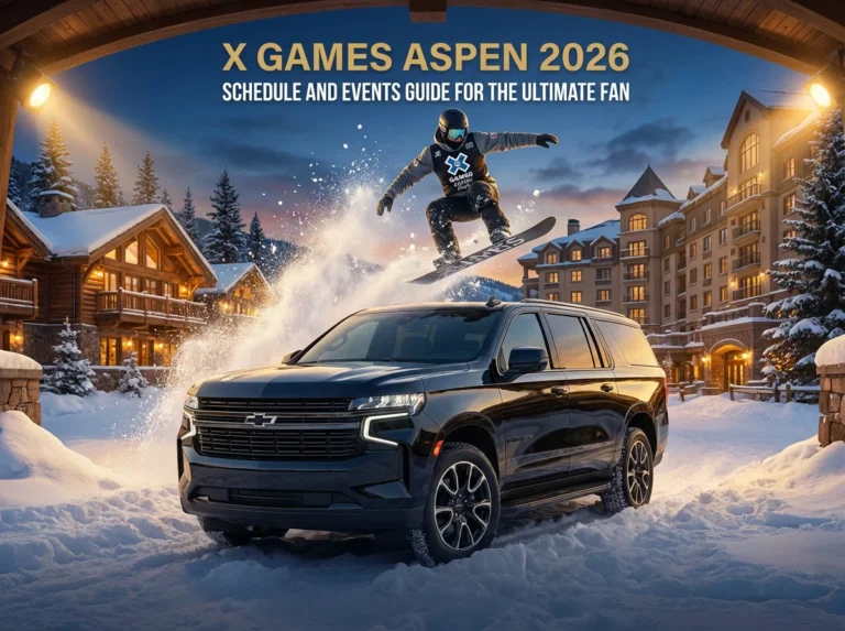 X Games Aspen 2026 private driver - Snowboard professional jumping over the luxury SUV limo