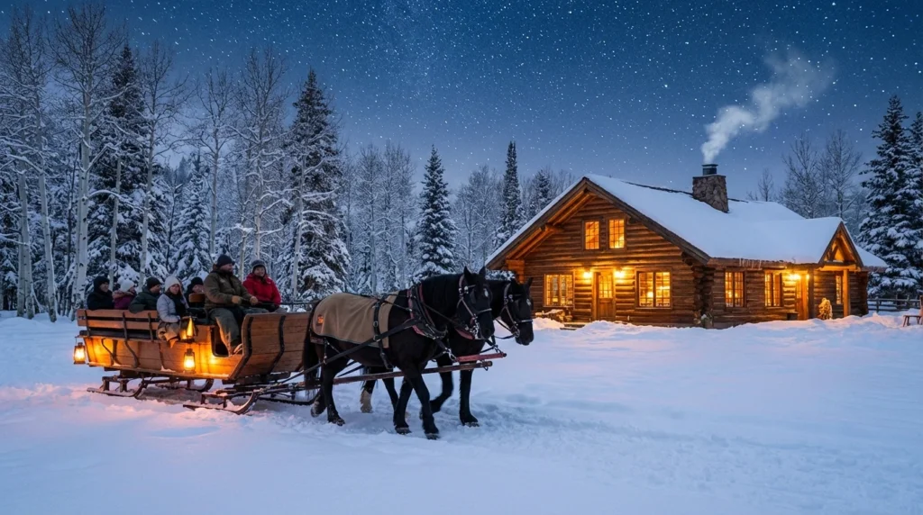 A horse-drawn sleigh carrying passengers through a snowy field toward a rustic, glowing log cabin restaurant under a starlit sky.