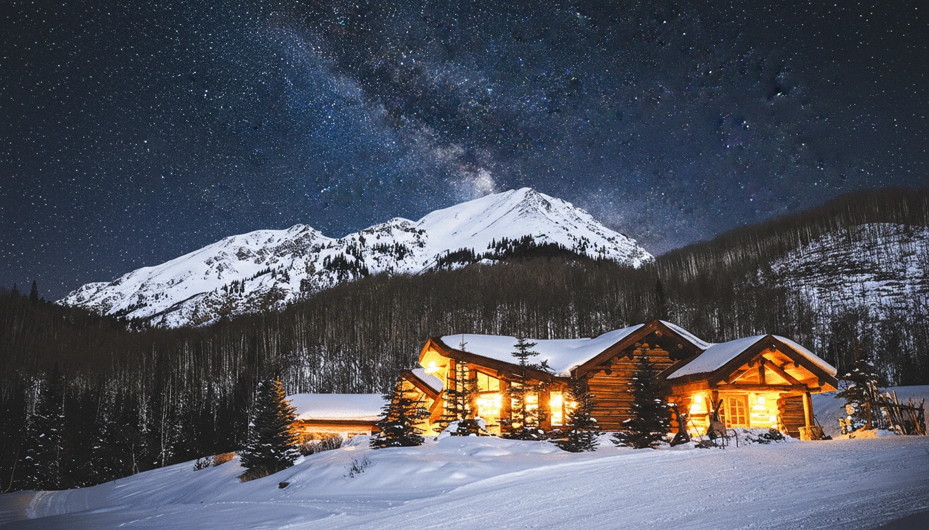 Beautiful photography of a Pine Creek Cookhouse in Aspen, photo taken at night, visible stars on the night sky.