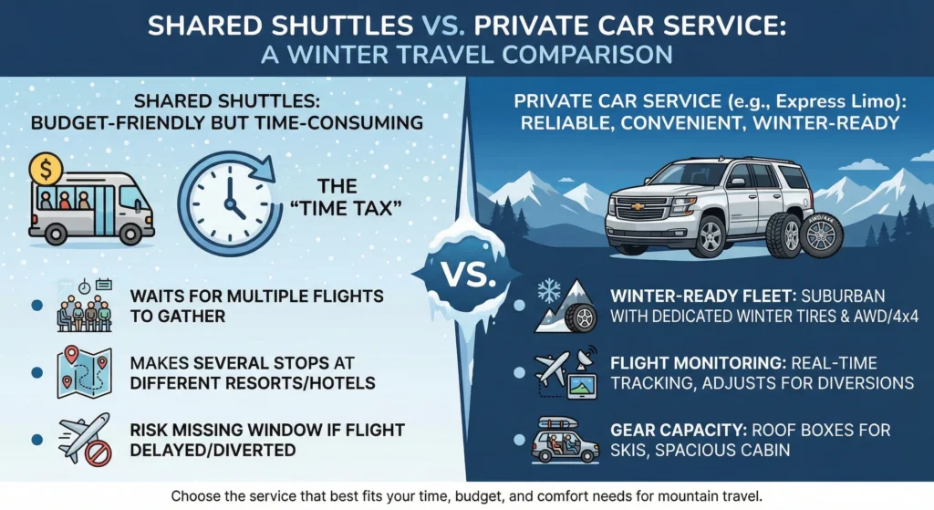 Infographic explaining the comparison of Shared Shuttles VS Private Car Service - a winter travel comparison