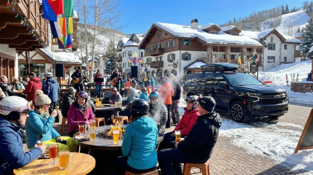A vibrant outdoor après-ski scene in Vail Village with people enjoying cocktails and music under a clear blue spring sky.