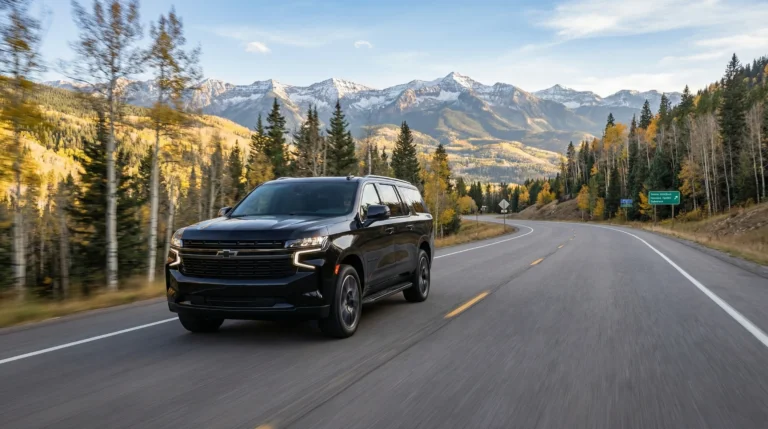 A wide-angle shot of a luxury black SUV driving on a clear, scenic mountain highway with snow-capped peaks in the background leading toward Aspen, Colorado.