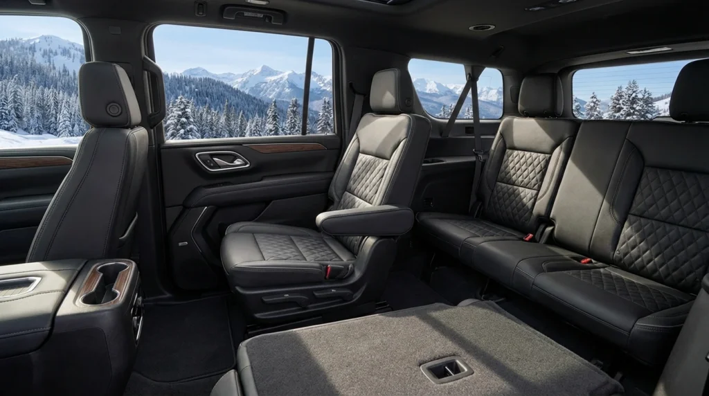 Interior of a luxury SUV showing premium leather seats and plenty of legroom with a view of the snowy mountains through the window.
