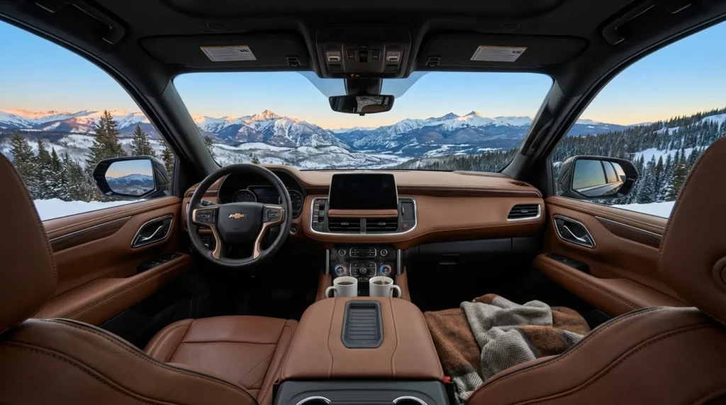 A cozy, high-end interior of a luxury SUV with leather seats and a view of the snowy Colorado mountains through the window.