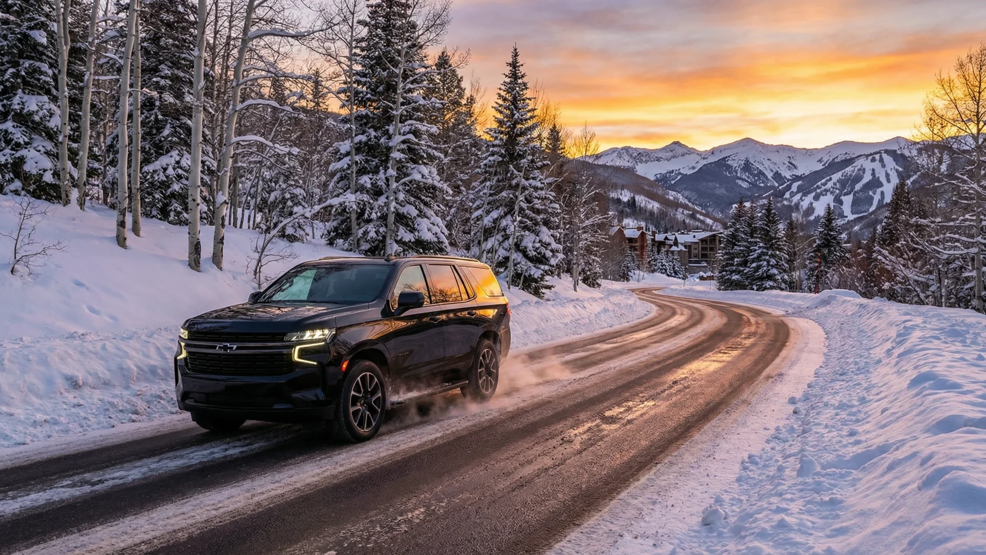 A luxury black SUV driving on a scenic, snow-covered mountain highway between Aspen and Vail during sunset.