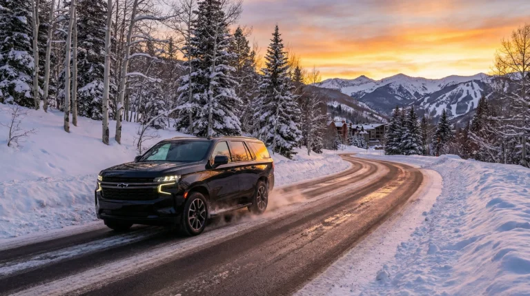 A luxury black SUV driving on a scenic, snow-covered mountain highway between Aspen and Vail during sunset.