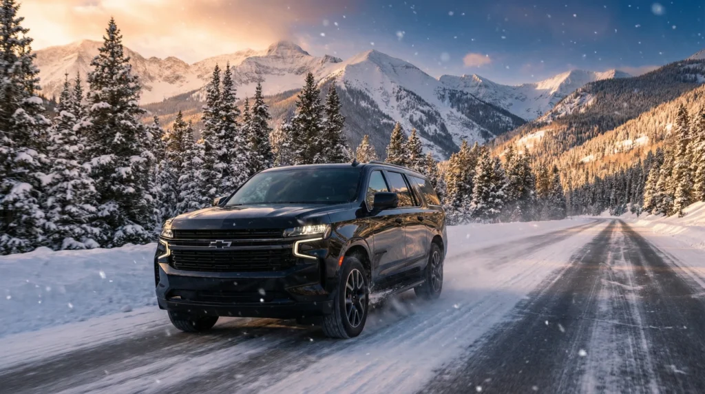 A luxury black SUV driving through a snowy mountain pass on I-70 in Colorado, with snow-covered pine trees and majestic peaks in the background during golden hour