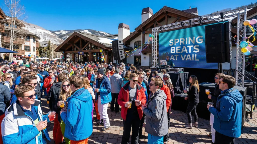 A vibrant outdoor dj event scene in Vail Village with people enjoying cocktails and music under a clear blue spring sky, lots of young people enjoying spring break