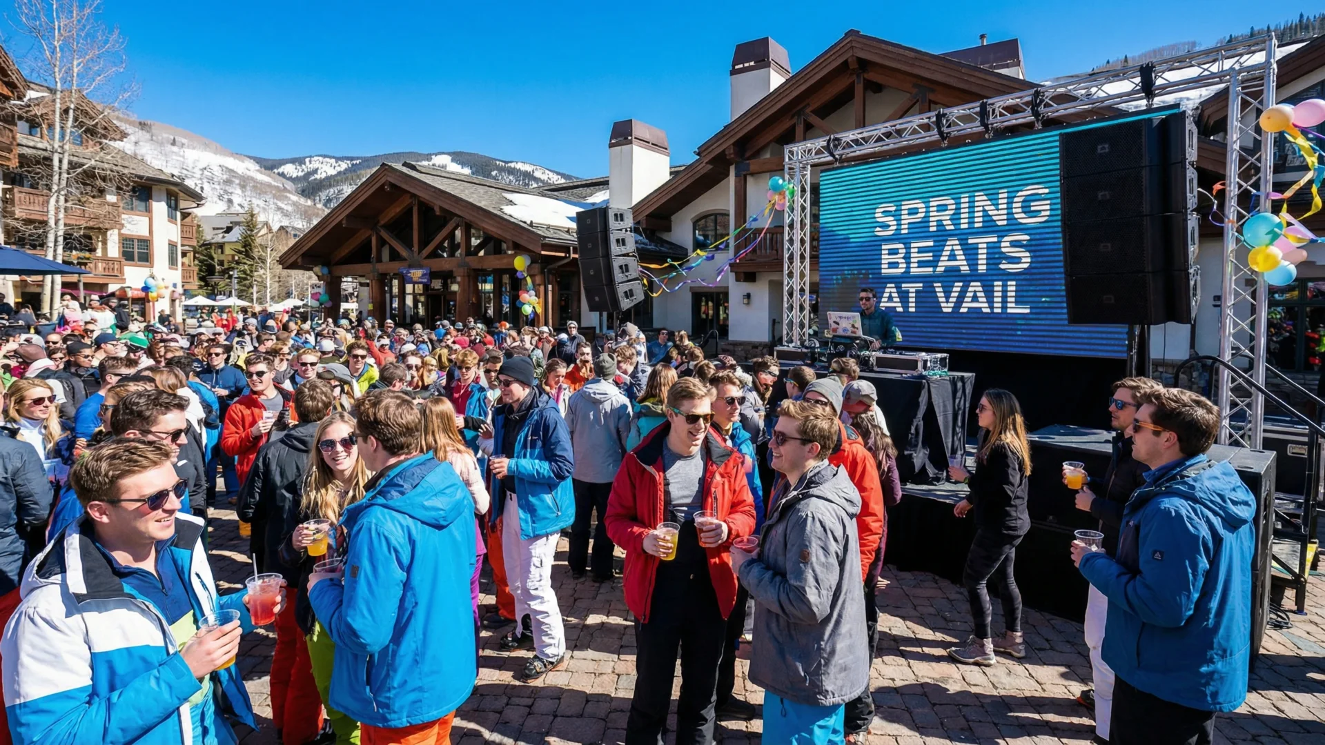 A vibrant outdoor dj event scene in Vail Village with people enjoying cocktails and music under a clear blue spring sky, lots of young people enjoying spring break