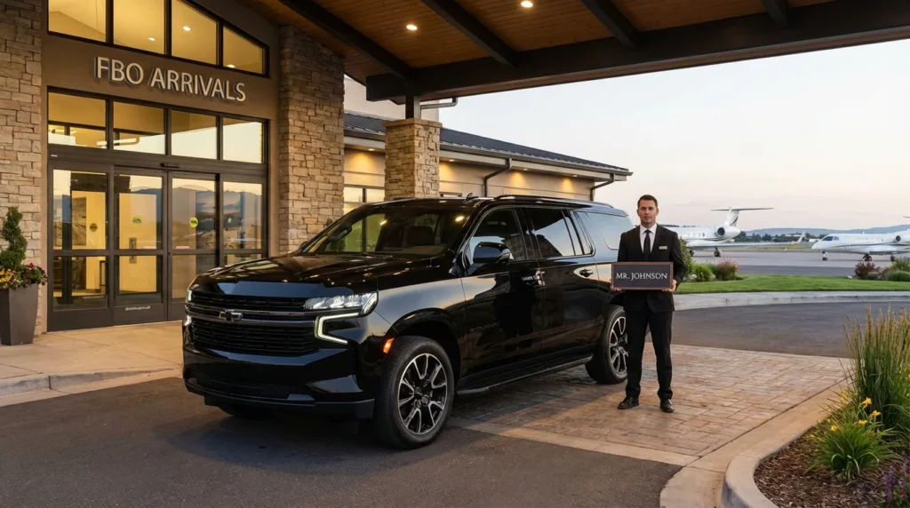 A professional chauffeur in a suit holding a greeting sign next to a luxury SUV at an FBO terminal entrance.