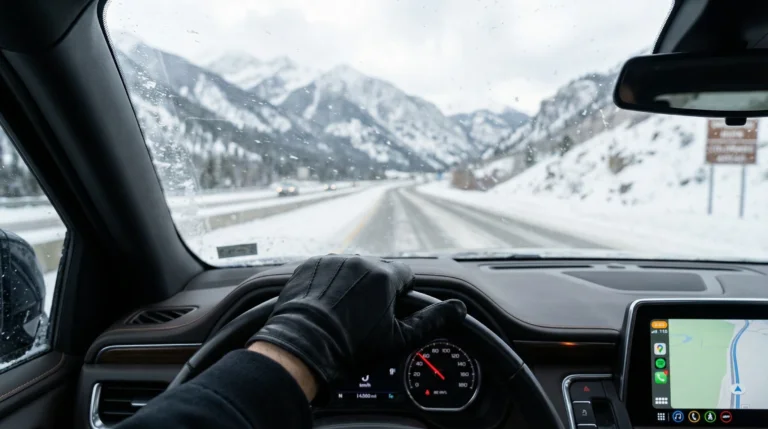 A close-up of a professional chauffeur's hands on a steering wheel, with a blurred view of a snowy Colorado highway and mountains through the windshield.