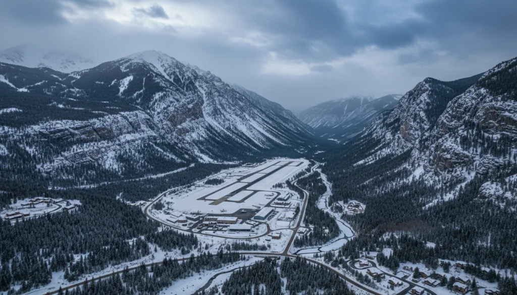 [generate image of: aerial view of a small mountain airport nestled in a steep snow-covered valley, surrounded by pine-forested ridgelines and rocky peaks, overcast dramatic alpine sky, muted winter light, photorealistic, cold color palette of grey-blue and white, wide-angle perspective from above]