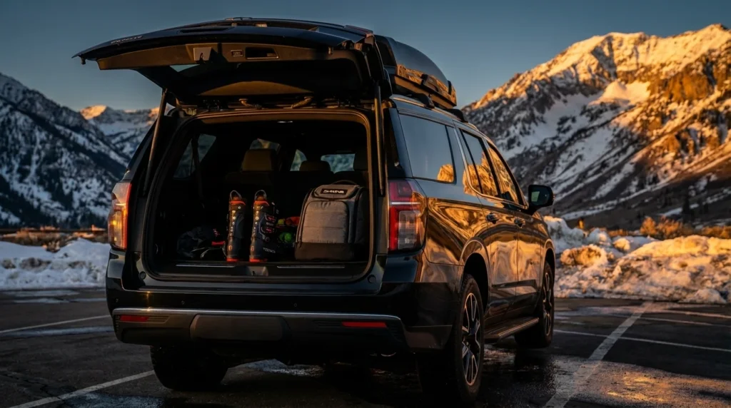 Chevrolet Suburban at dusk, photographed from the back with opened read door, packing ski boots and a helmet
