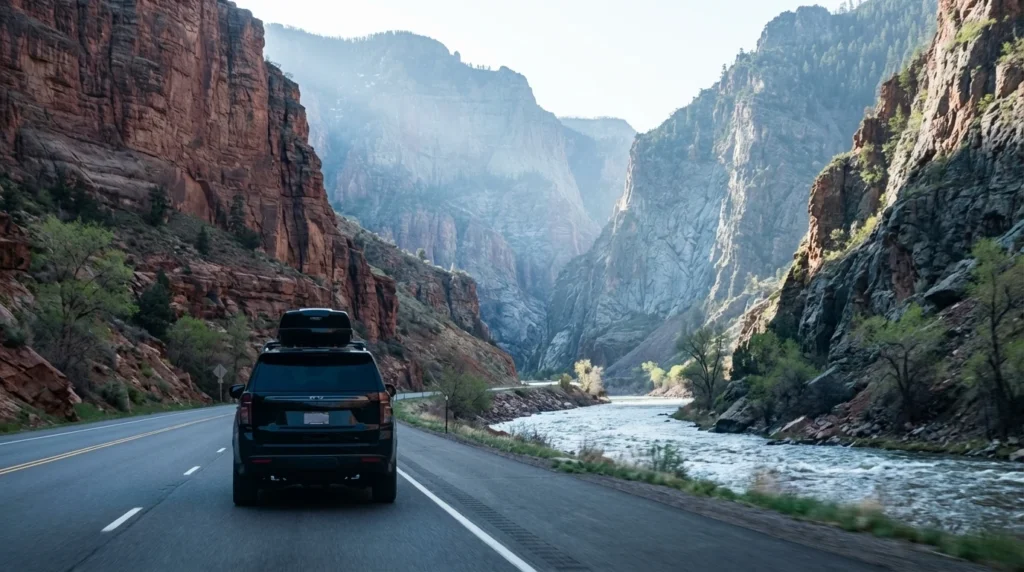 a luxury black Chevrolet Suburban driving east along I-70 through Glenwood Canyon in late April, canyon walls rising sharply on both sides, Colorado River running alongside the road, light spring haze, cinematic wide shot from behind the vehicle, cool steel and sandstone tones, photorealistic style
