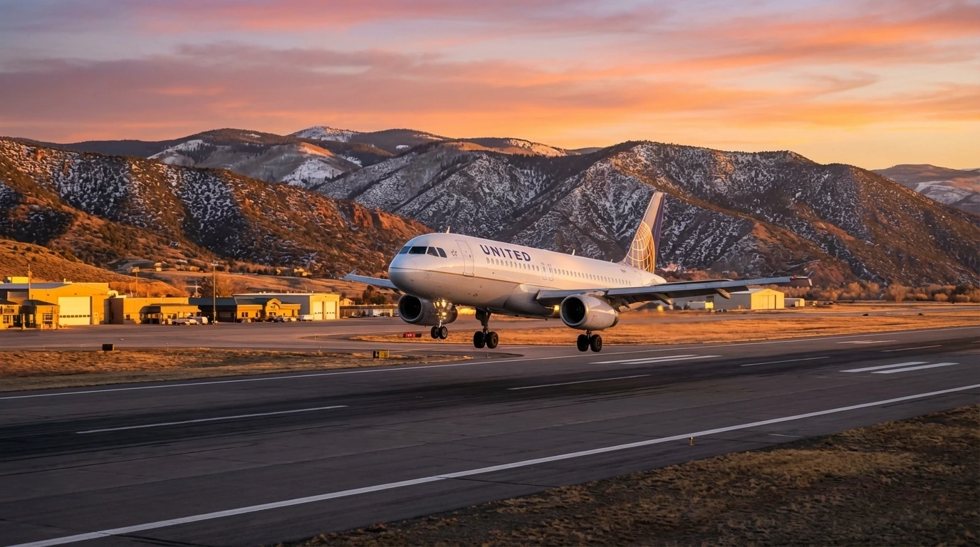 Eagle Airport in the process of landing a plane at sunset, the airplane is still in the air close to the land
