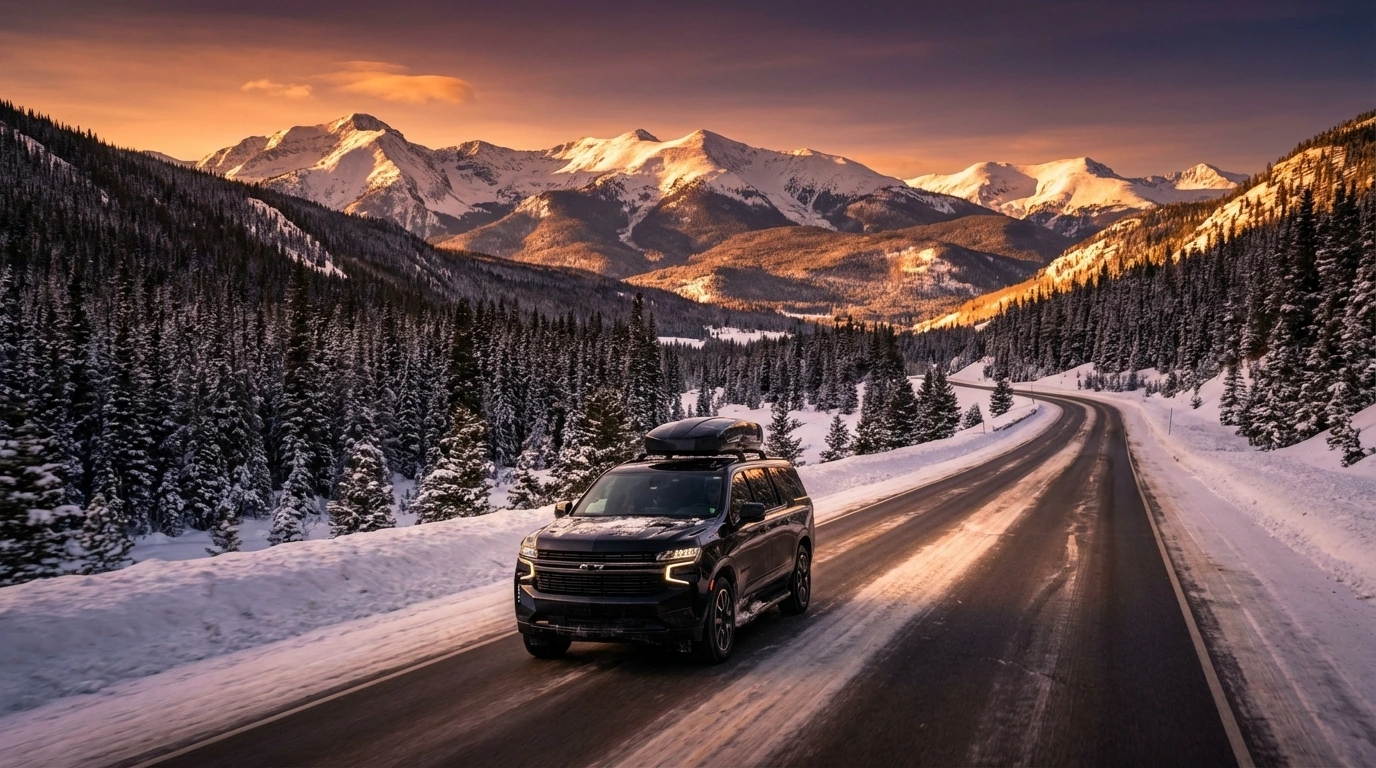 luxury black Chevrolet Suburban driving west on I-70 through the Colorado Rocky Mountains at golden hour in winter,