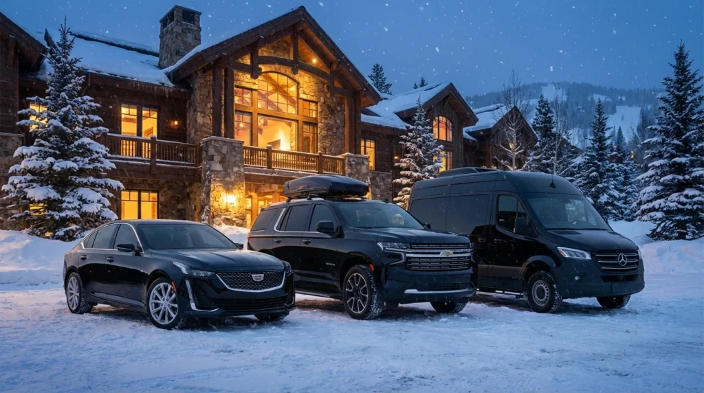 a lineup of three luxury vehicles parked elegantly in front of a high-end mountain resort lodge in winter, from left: a sleek black sedan, a full-size black SUV, and a black passenger van, snow falling lightly, warm lodge lighting in background, photorealistic, luxury automotive photography aesthetic, cold alpine atmosphere