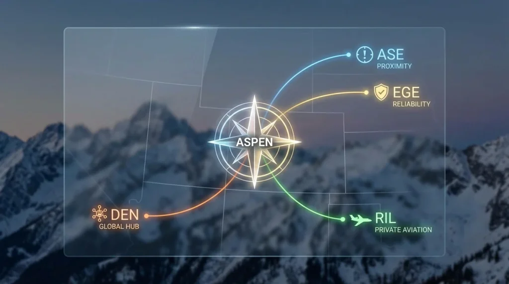 A stylish, graphical map design overlaid on a realistic, blurred background of snow-capped mountains. A glowing point in the center indicates Aspen. Four distinct, illuminated lines curve from different points on the map toward Aspen, representing arrival routes. At the end of each line is a sleek graphic label containing the airport code (ASE, EGE, DEN, RIL) and a tiny, stylized icon representing its main characteristic (e.g., ASE: an exclamation point/proximity icon; EGE: a shield/reliability icon; DEN: a large hub icon; RIL: a private jet icon). The overall design looks like a high-end heads-up display or digital infographic for discerning travelers.