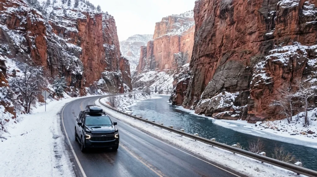 a luxury black Chevrolet Suburban navigating a dramatic stretch of I-70 through Glenwood Canyon in winter