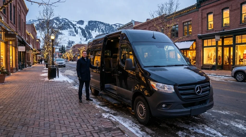 A sleek black Mercedes-Benz Sprinter van parked on a snow-dusted Aspen street at dusk, with the warm lights of downtown shops and restaurants glowing in the background. A professional chauffeur in a dark jacket stands ready near the door.