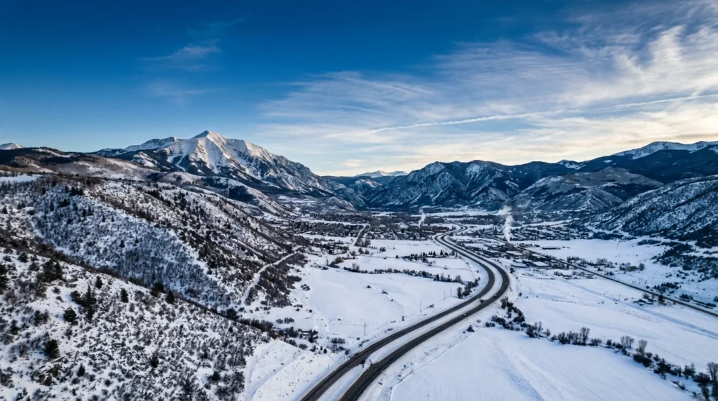 a wide aerial view of the Roaring Fork Valley in Colorado in winter, snow-dusted mountains flanking a valley floor with a winding two-lane highway running southeast