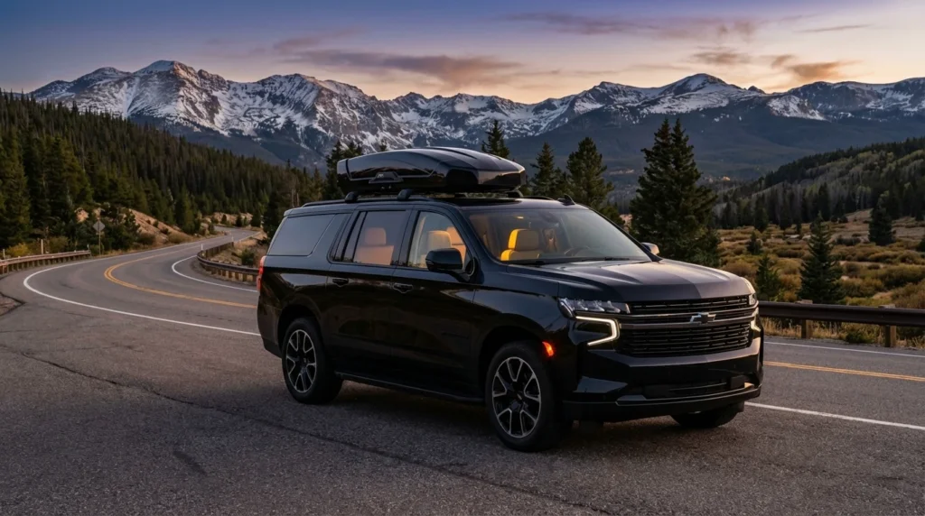 image of a sleek black Chevy Suburban parked on a mountain highway at dusk, snow-capped peaks in the background, warm interior lighting glowing through tinted windows, Colorado alpine landscape, golden hour light, photorealistic luxury vehicle photography, cinematic wide shot