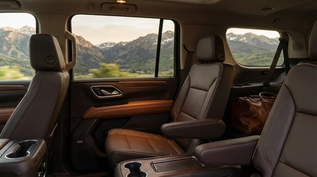interior of a luxury Chevrolet Suburban in motion, warm amber cabin lighting, leather seats, mountains visible through the windows