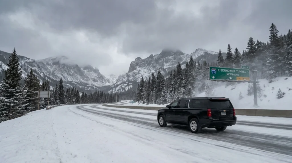 luxury black Chevrolet Suburban traveling west on I-70 near the Eisenhower Tunnel approach in Colorado