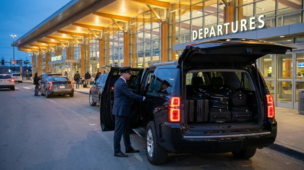 a professional chauffeur in a dark suit opening the rear door of a luxury black Chevrolet Suburban at a large modern airport departures area