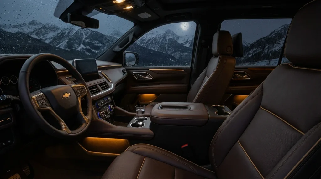 interior of a luxury Chevrolet Suburban at night on a mountain highway