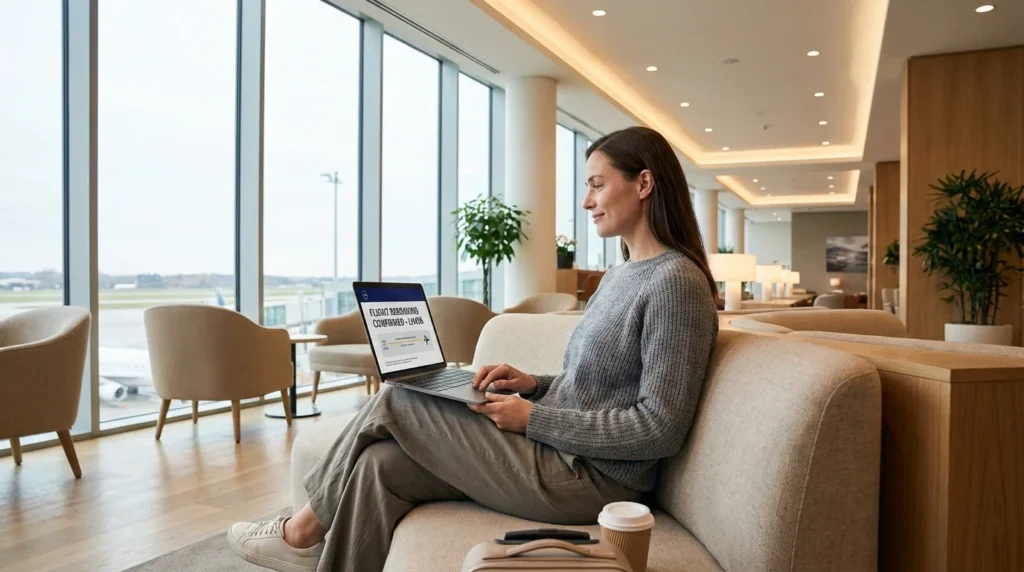 a traveler in a modern airport lounge checking a flight rebooking screen on a laptop