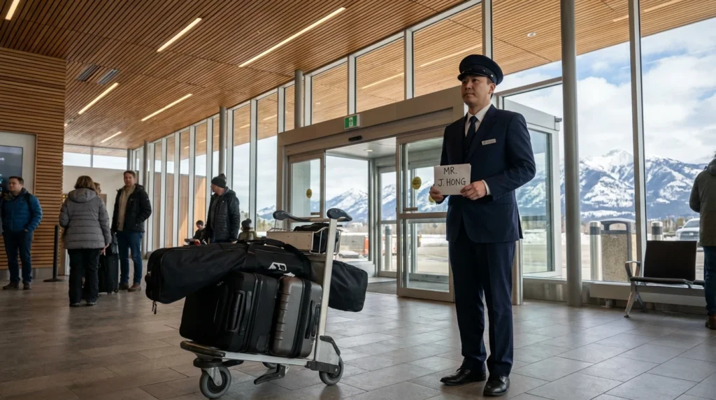 a professional chauffeur in a dark suit standing in a small modern regional airport arrivals hall