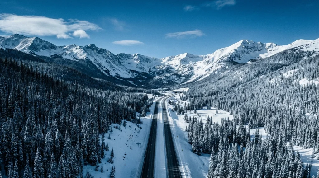 a wide aerial view of I-70 cutting west through the Colorado Rocky Mountains in winte