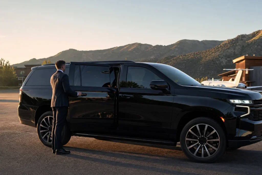 Black luxury SUV chauffeur arrival at Aspen-Pitkin Airport for Food & Wine Classic guests