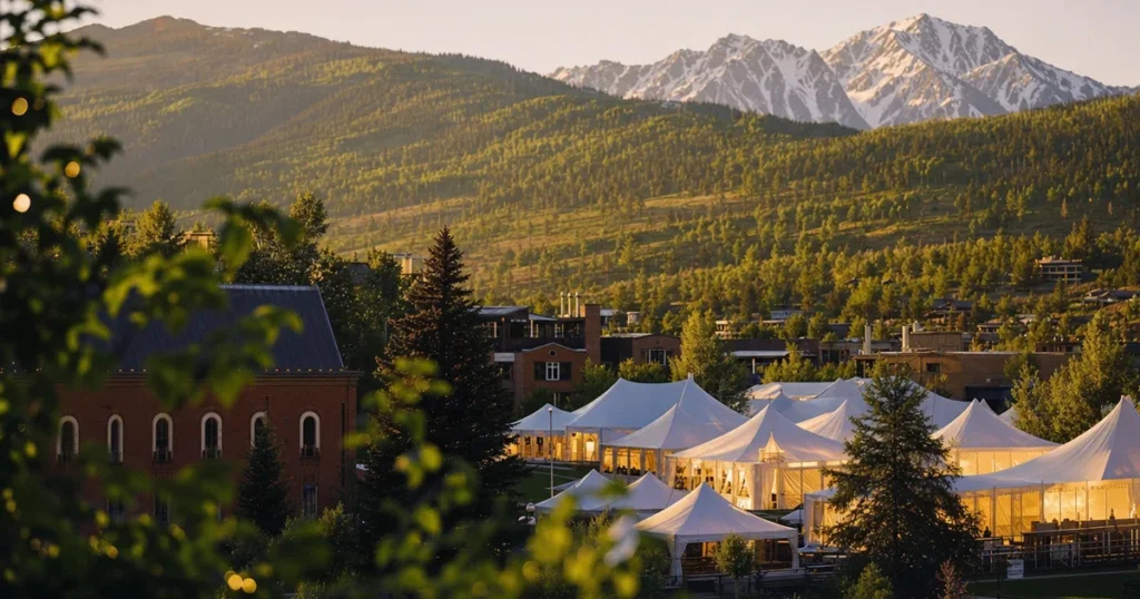 Food & Wine Classic Aspen 2026 white tasting tents in Wagner Park at golden hour