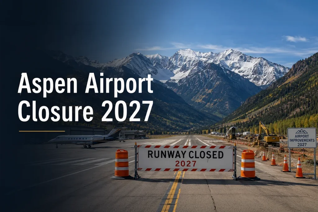 Aspen Airport closure 2027 with runway closed sign, construction cones, and Colorado mountain backdrop.