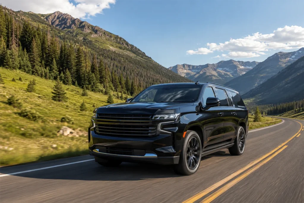 Black luxury Chevrolet Suburban on Highway 82 near Aspen Colorado summer