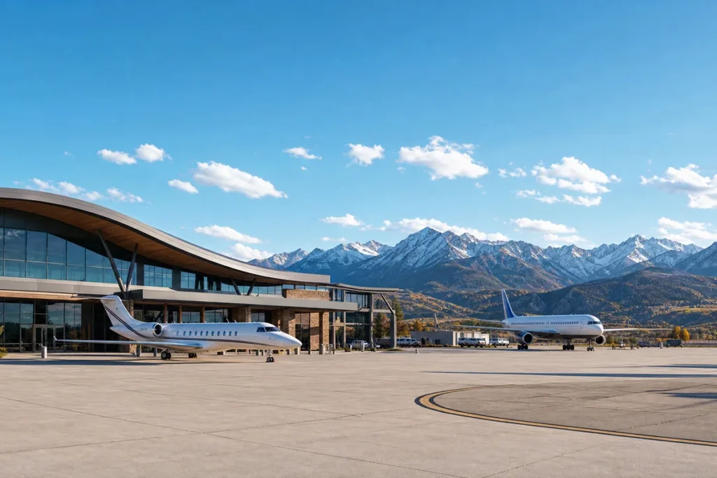 Eagle County Airport exterior with snow-capped Rocky Mountains in background