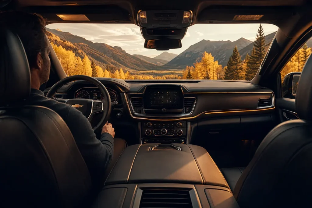 Interior of luxury Suburban transfer vehicle approaching Aspen Colorado mountains