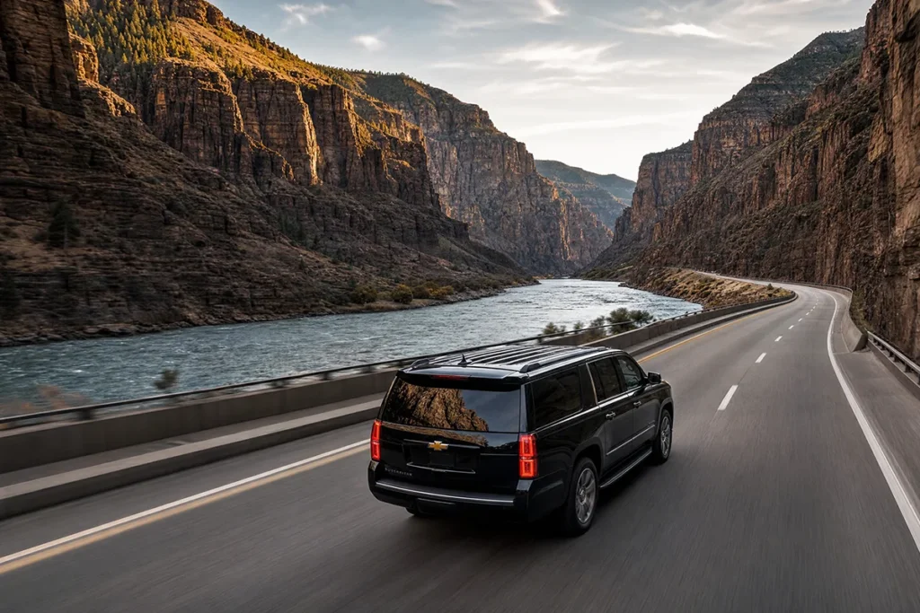 Luxury black Suburban on I-70 through Glenwood Canyon toward Aspen