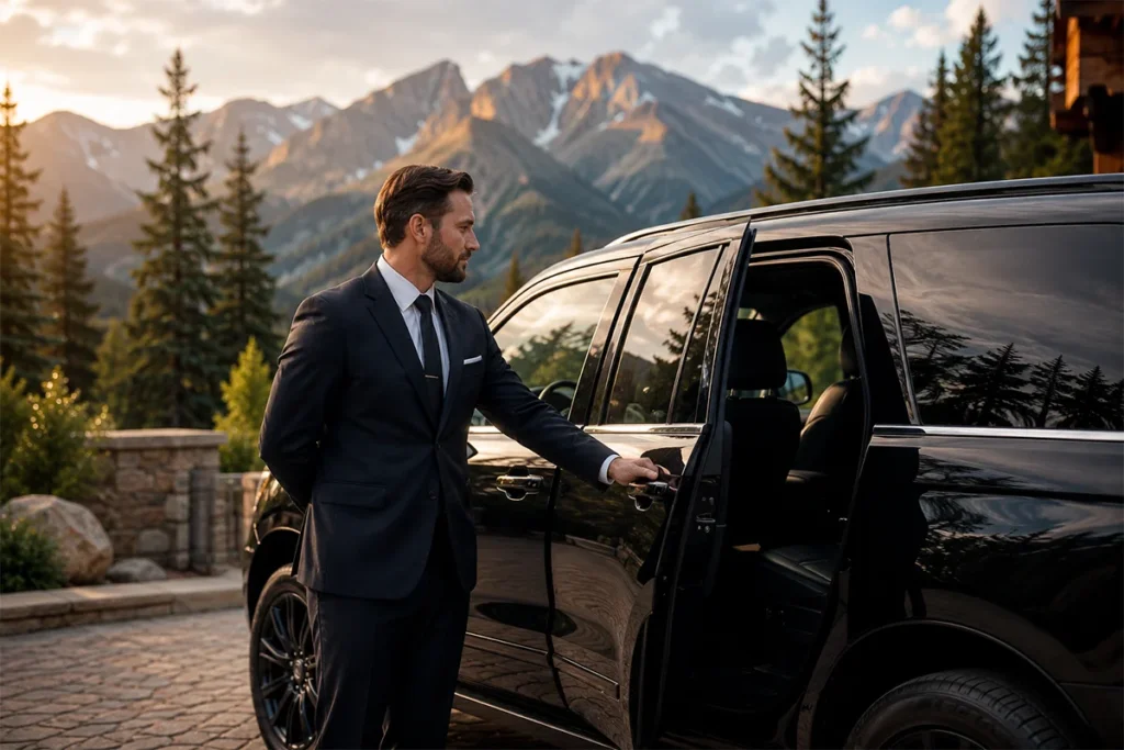 Professional chauffeur in suit opening door of black SUV in Aspen Colorado