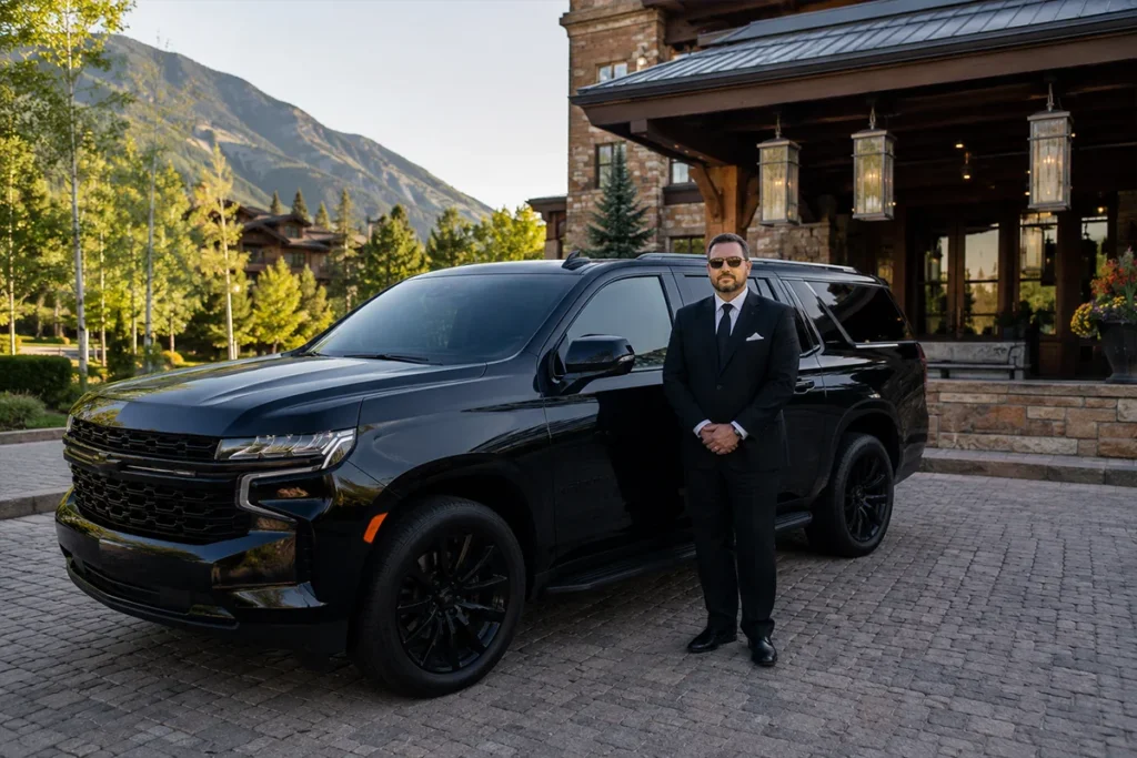 Professional chauffeur with luxury Suburban outside Aspen mountain resort Colorado
