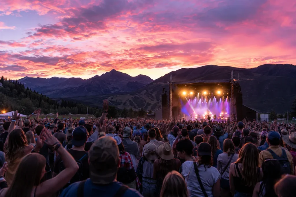 Outdoor festival concert crowd cheering at night in Snowmass Colorado mountain valley