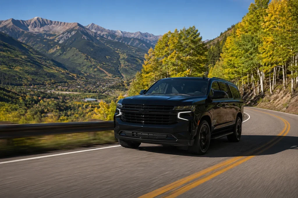 Black luxury SUV on mountain highway approaching Snowmass Village Colorado